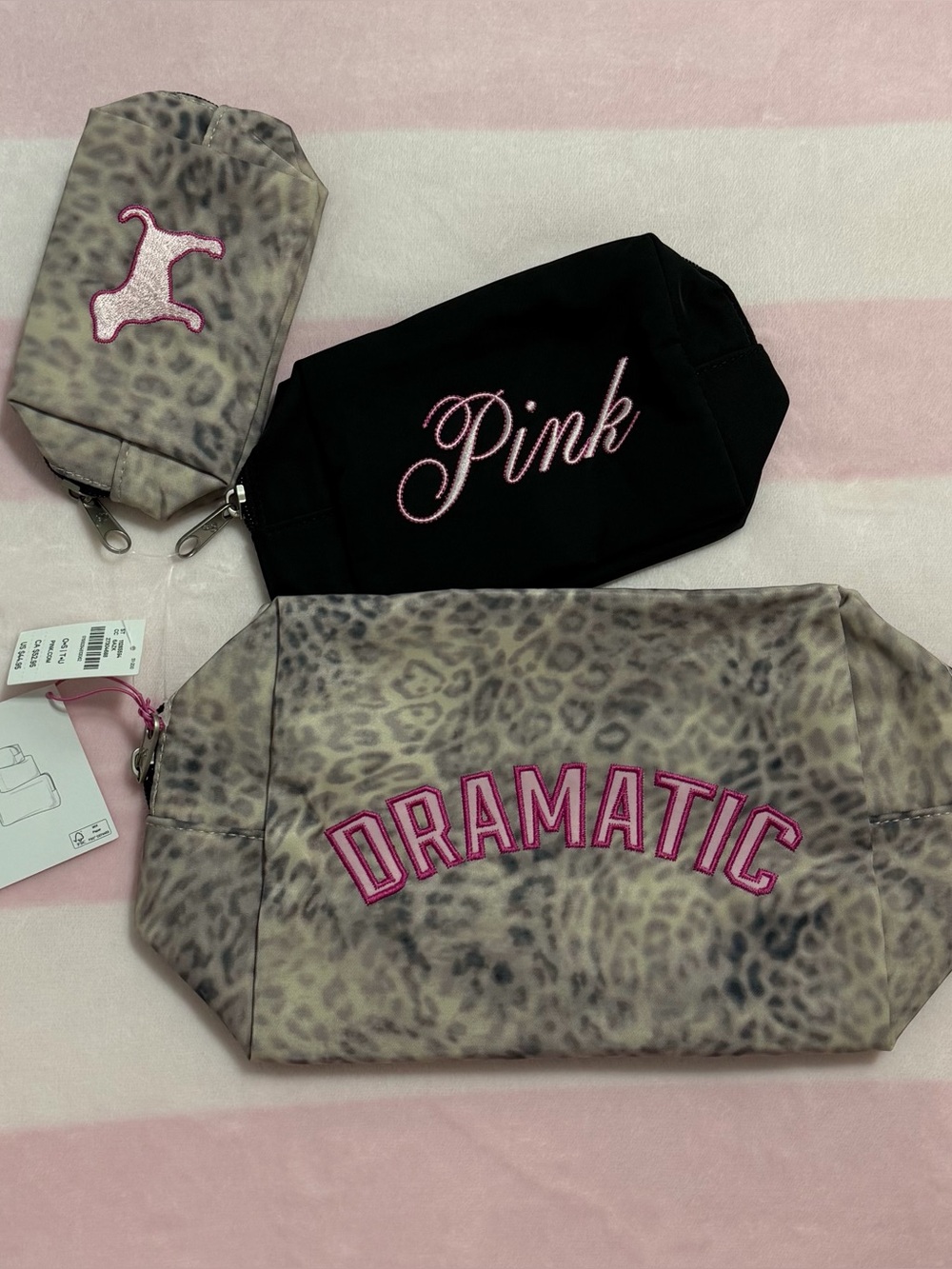 New VS PINK Leopard Makeup Bag Trio 3 Piece Set